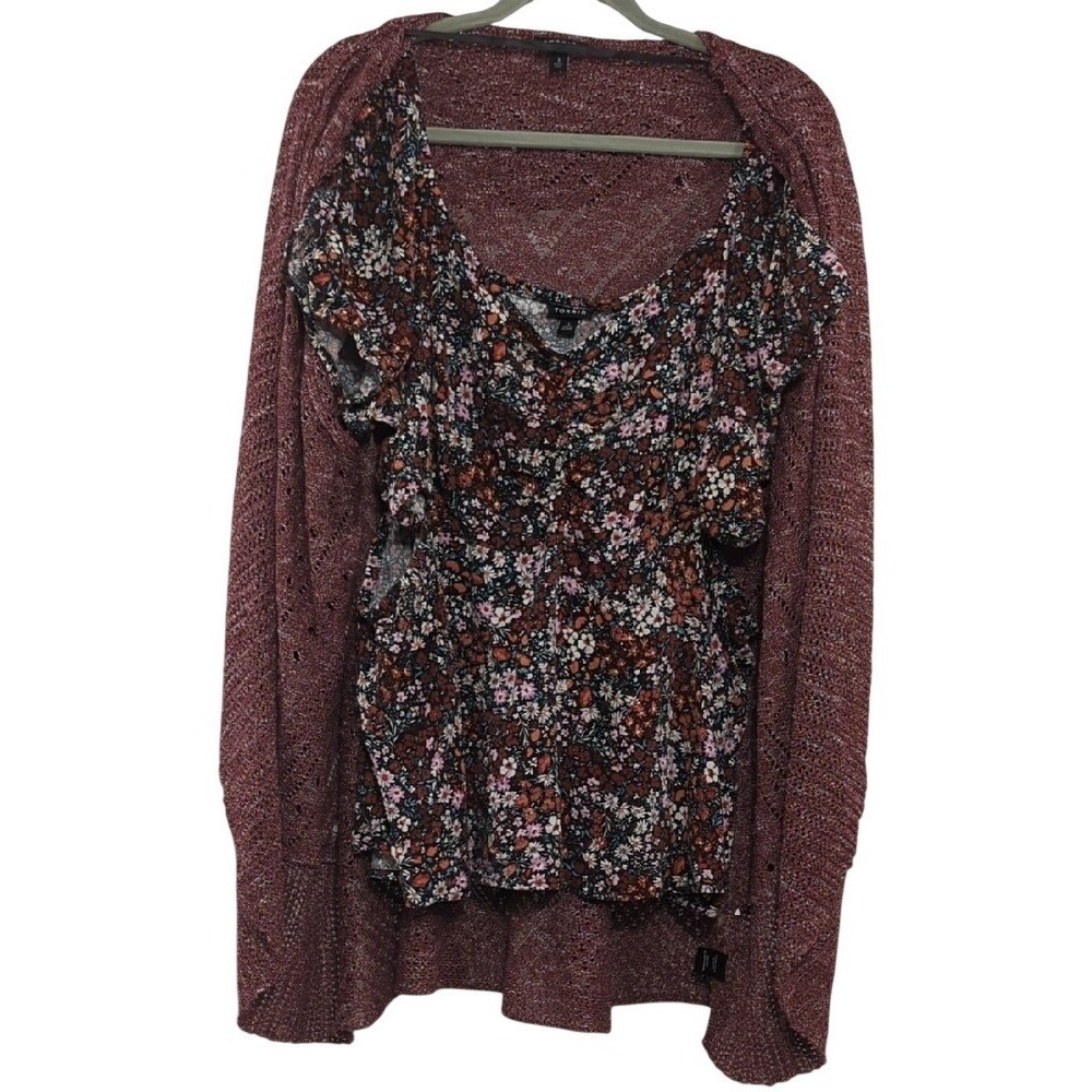 Torrid‎ Burgundy Open Cardigan and Black Baby Doll Top with Cut Outs Set Size 3